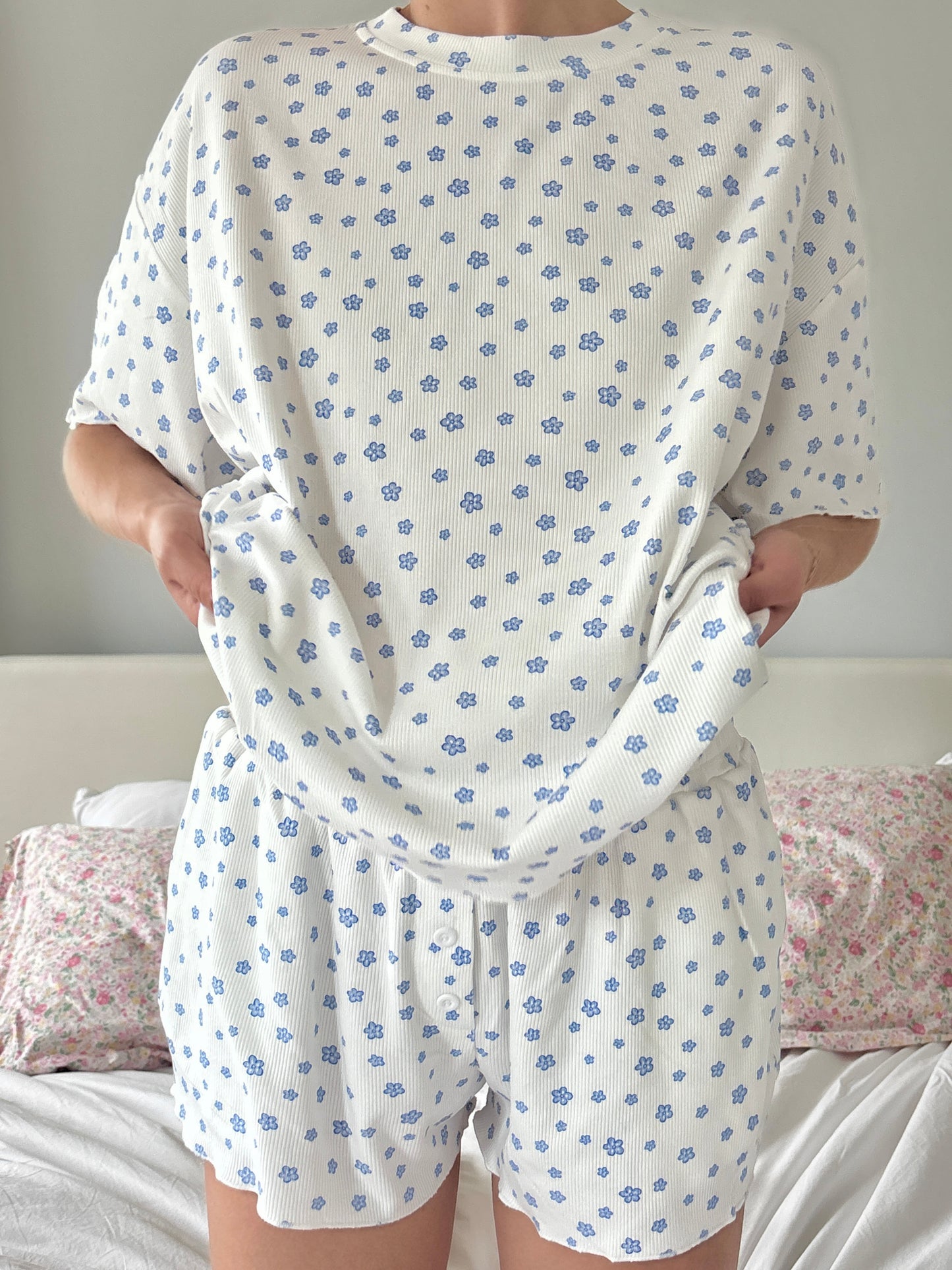 White Lilo Blue Floral Short Sleeve Pajama Top