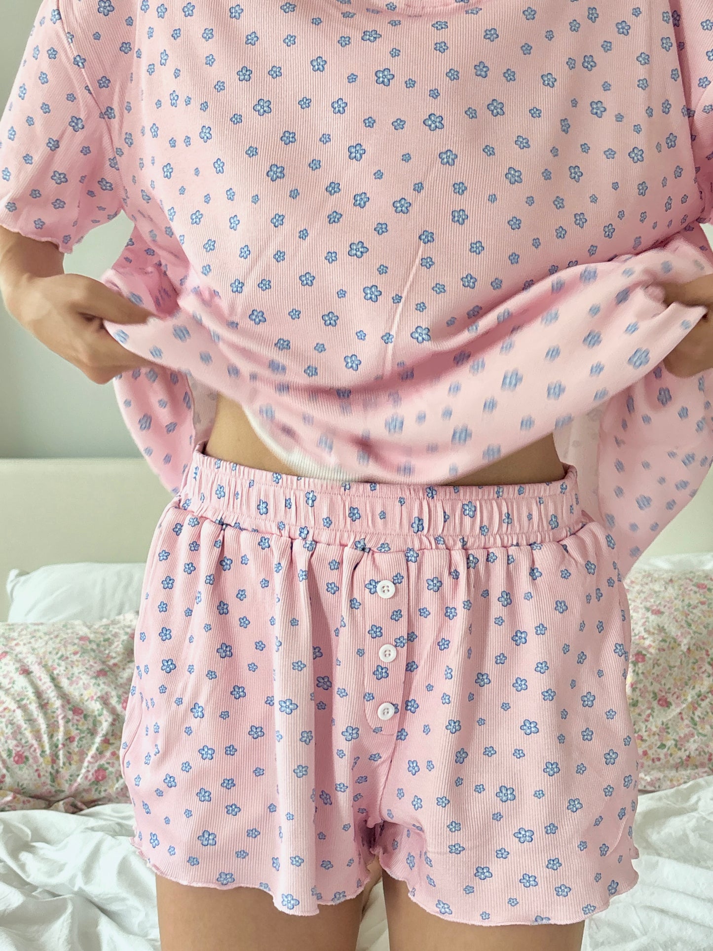 TRADESHOW Light Pink Lilo Blue Floral Pajama Shorts