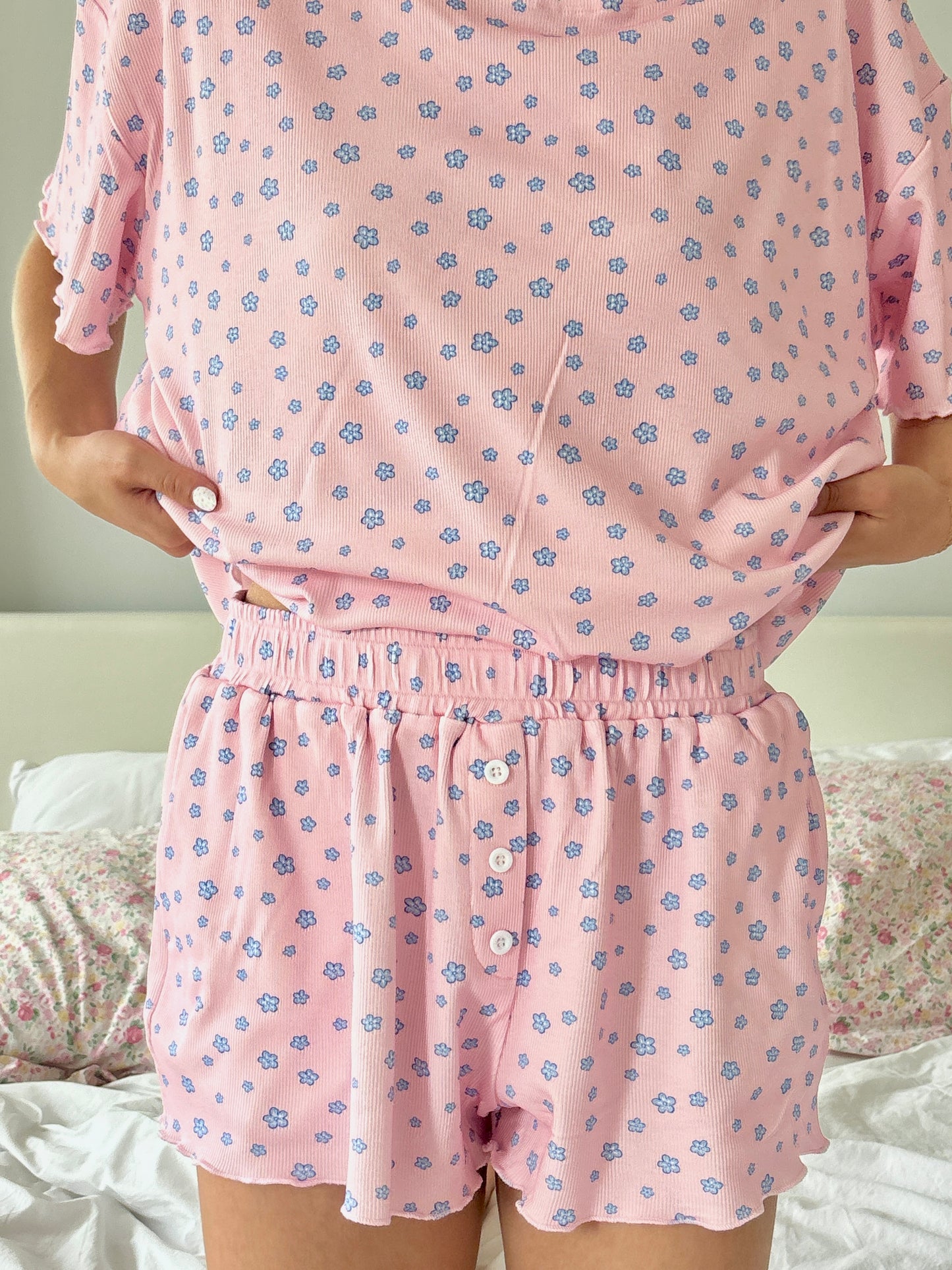 TRADESHOW Light Pink Lilo Blue Floral Pajama Shorts