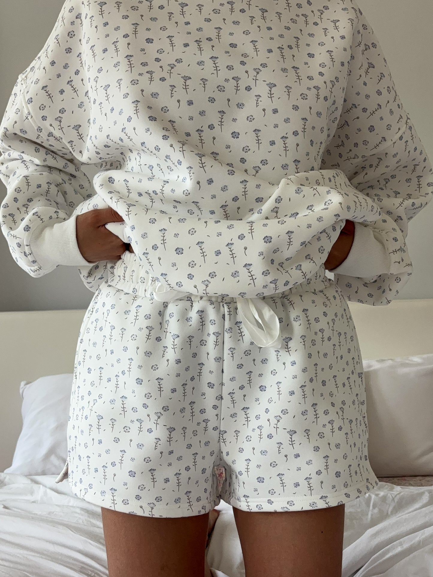 White Ditsy Blue Floral Sweat Shorts