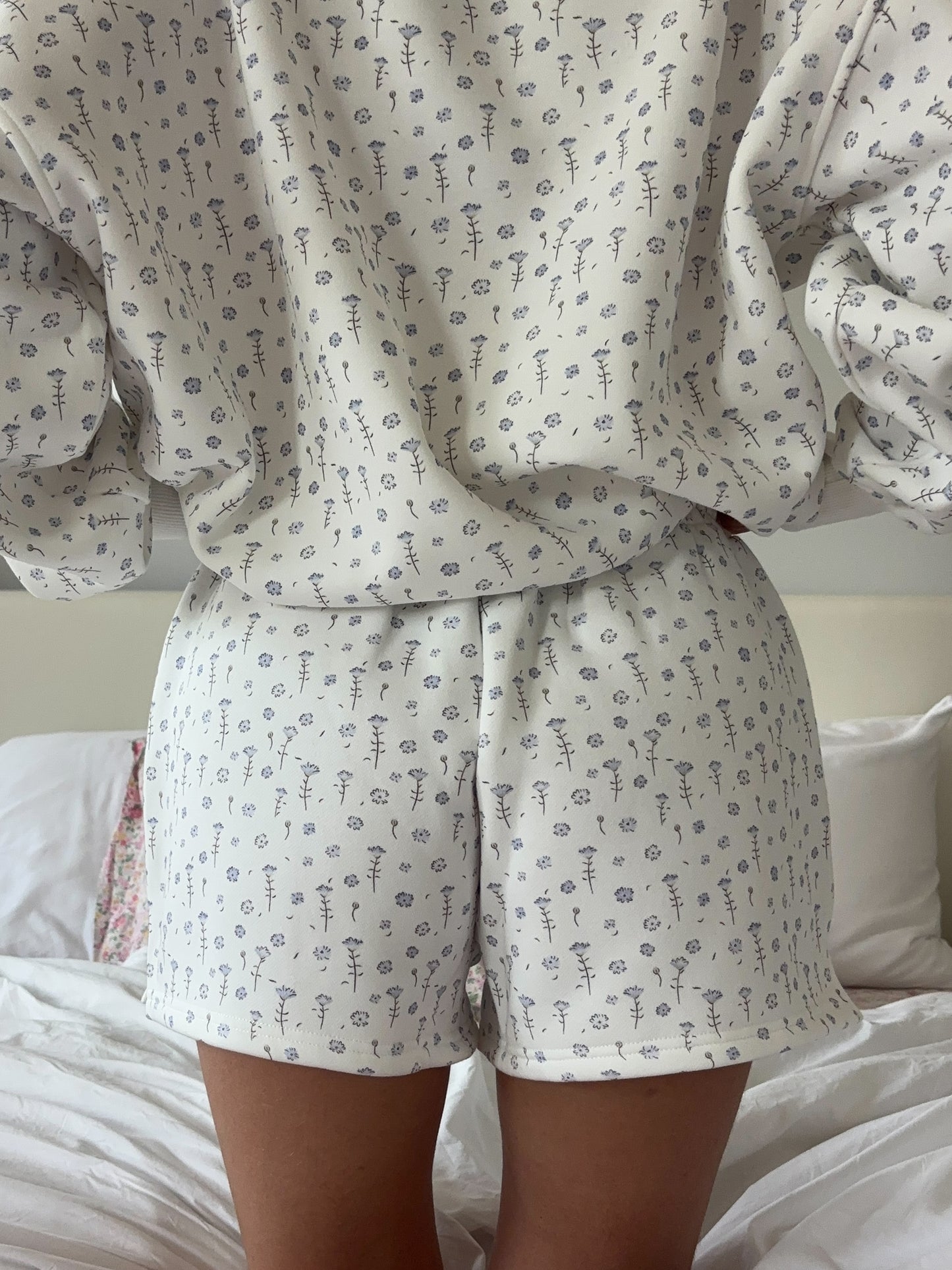 White Ditsy Blue Floral Sweat Shorts