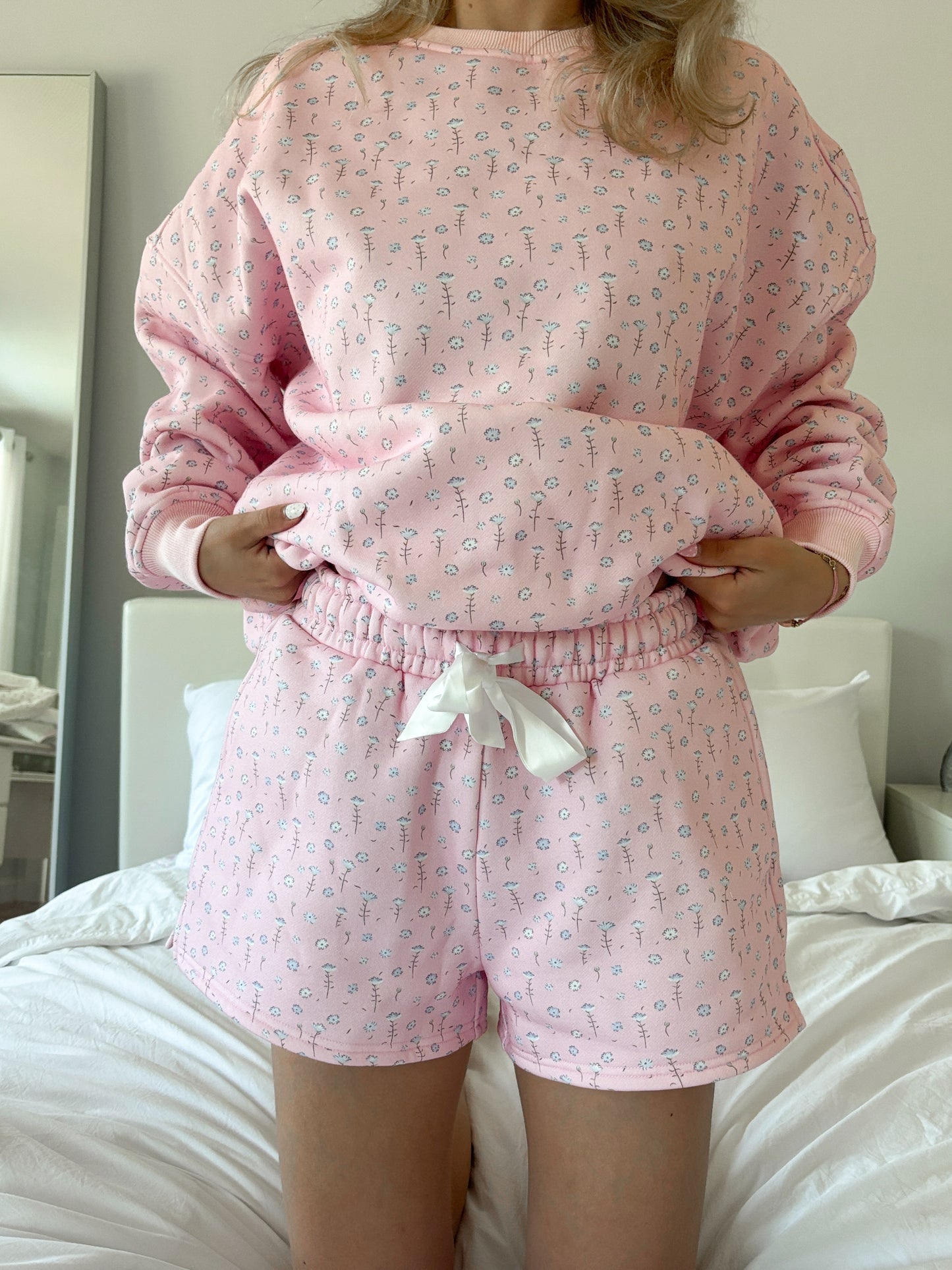Light Pink Ditsy Blue Floral Sweat Shorts