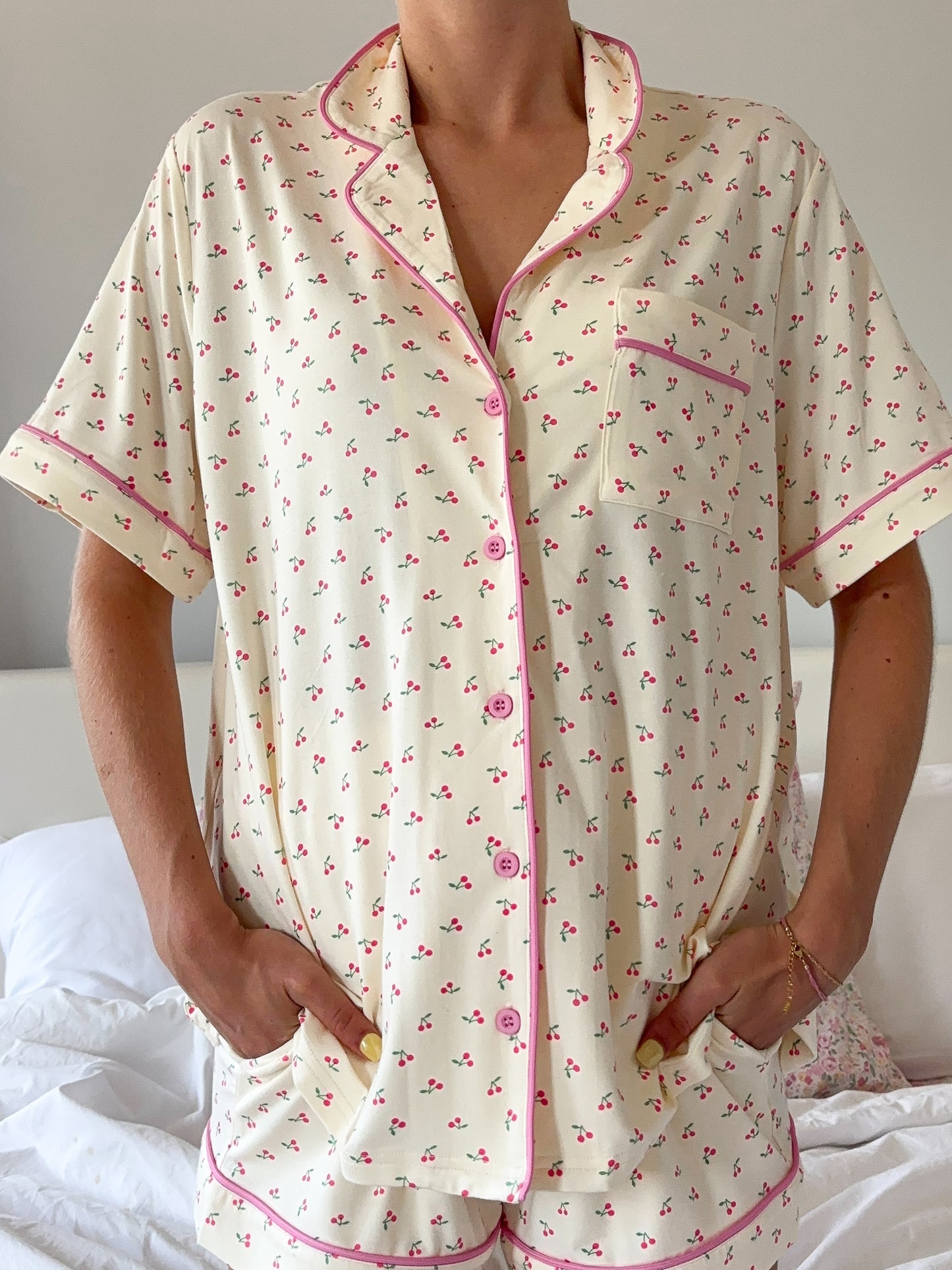 Cherries All Over Short Sleeve Button Up Pajama Top