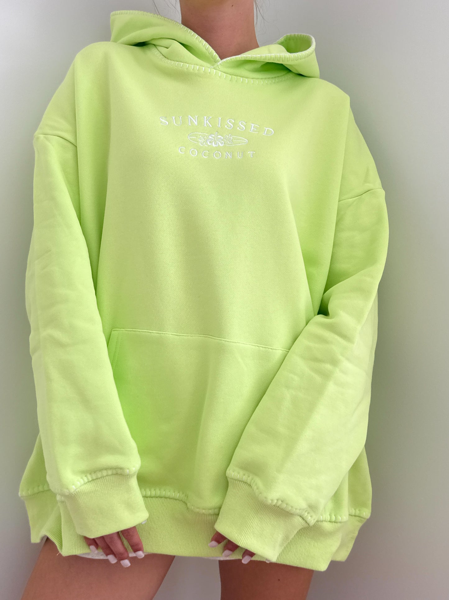Light Lime Green Stitched Sunkissedcoconut Logo Hoodie 100% Cotton