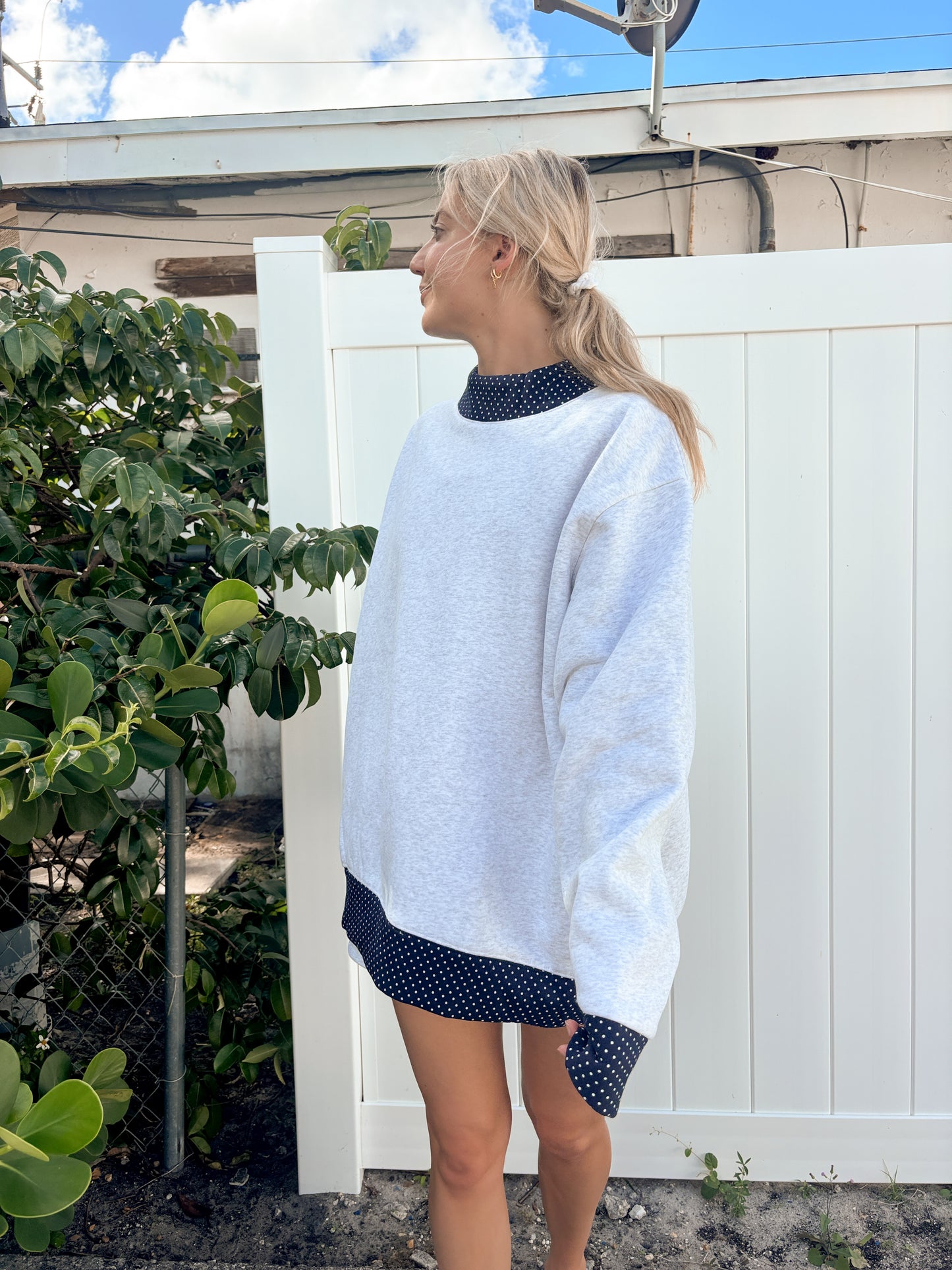 Pearl Grey Navy Blue Polka Dot Mockneck Sweatshirt