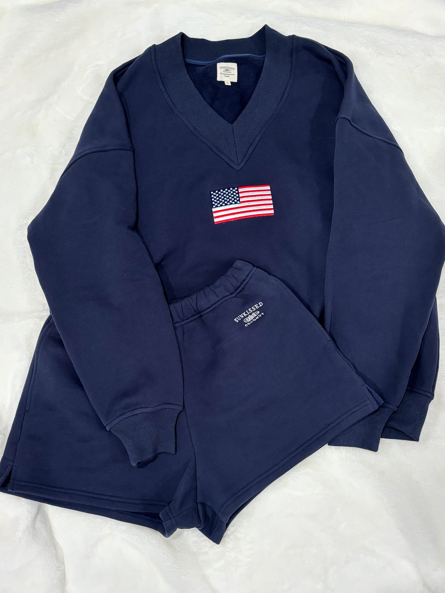Navy Blue American Flag Embroider V-Neck Sweatshirt