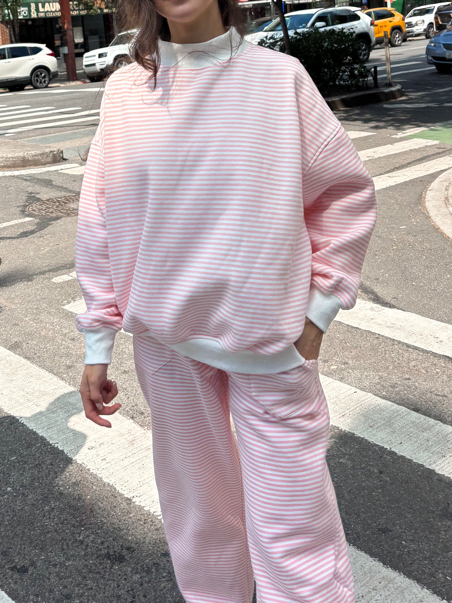 Light Pink and White Big Striped Mockneck Sweatshirt