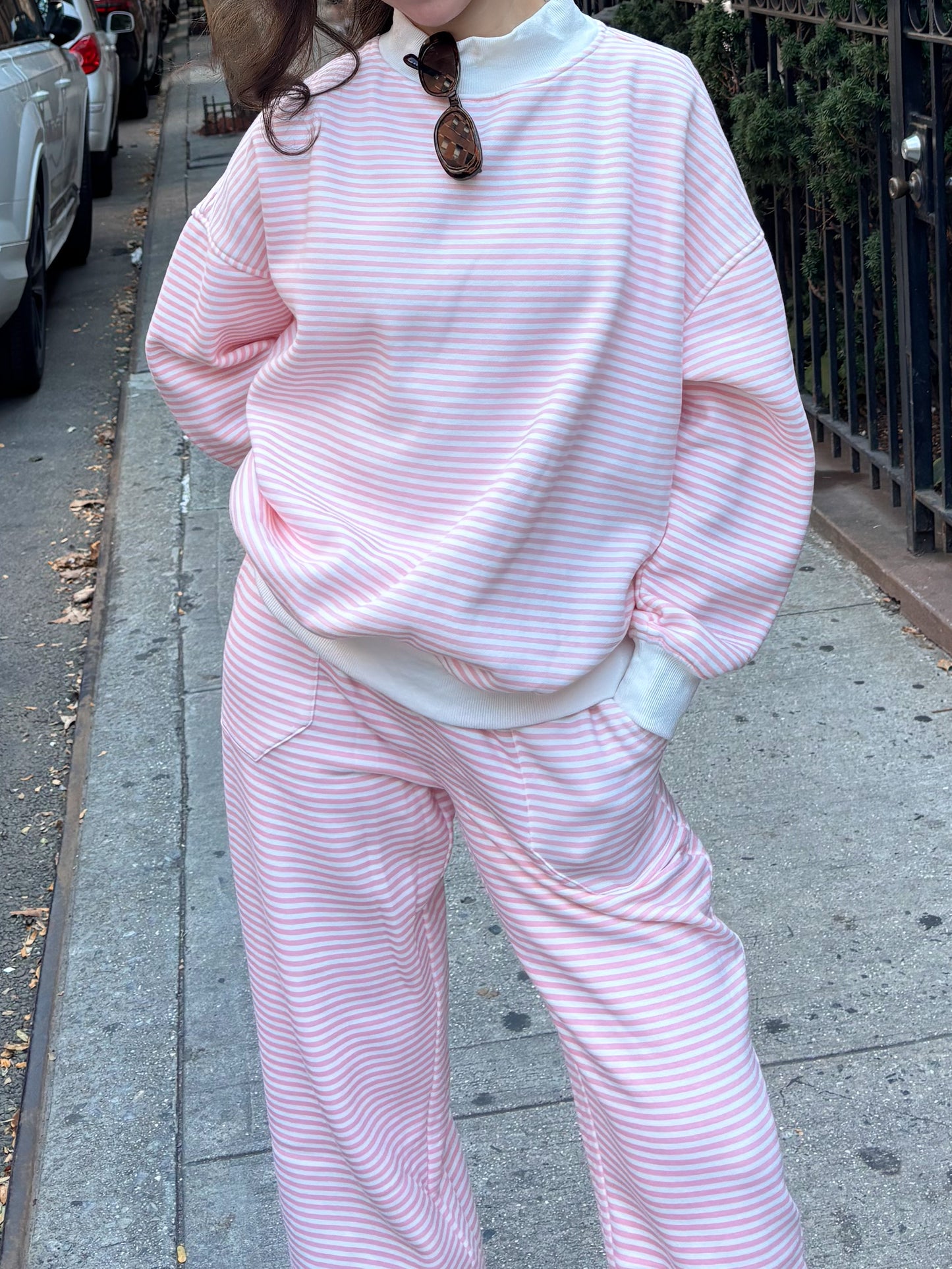 Light Pink and White Big Striped Mockneck Sweatshirt