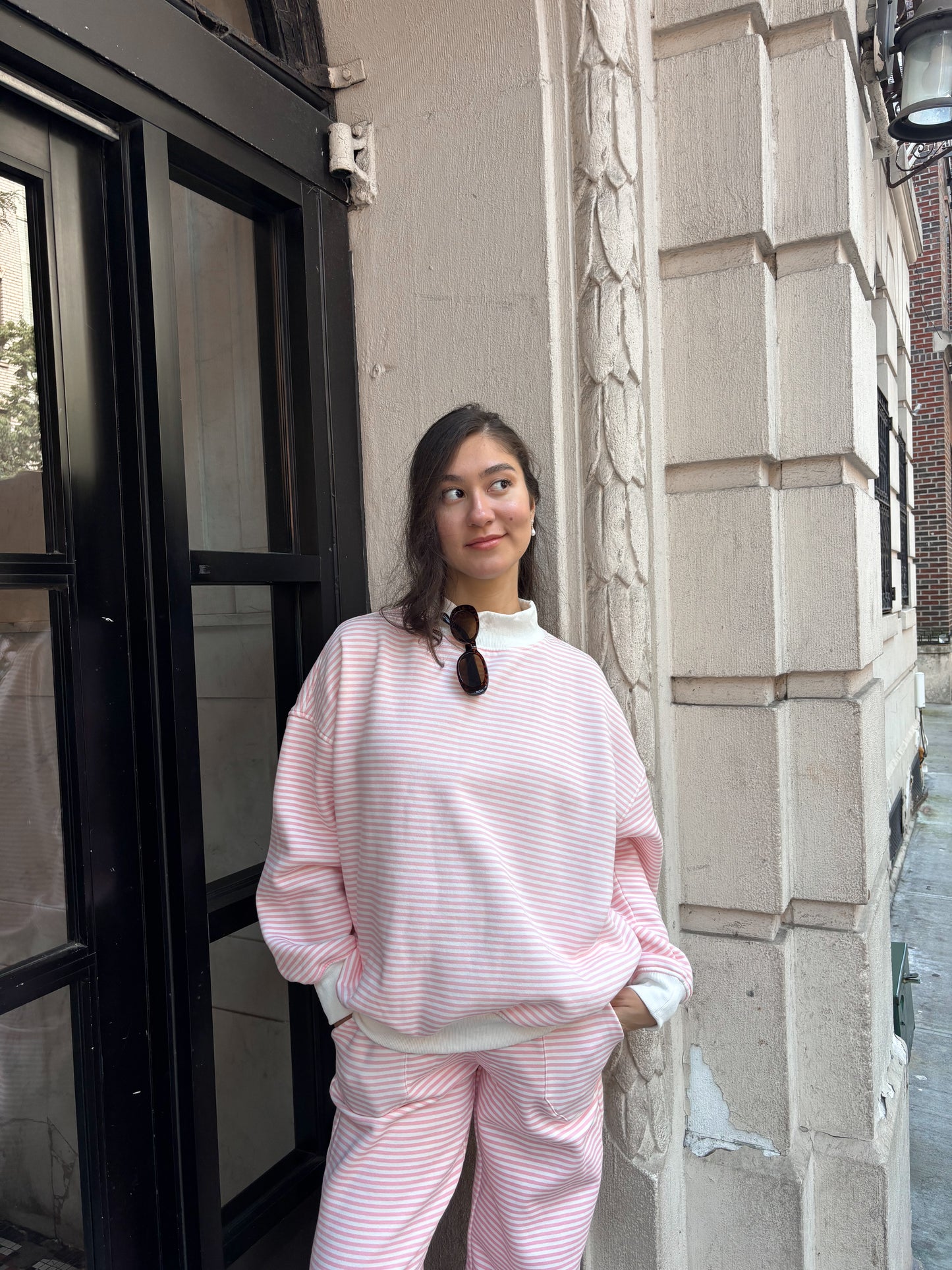 Light Pink and White Big Striped Mockneck Sweatshirt