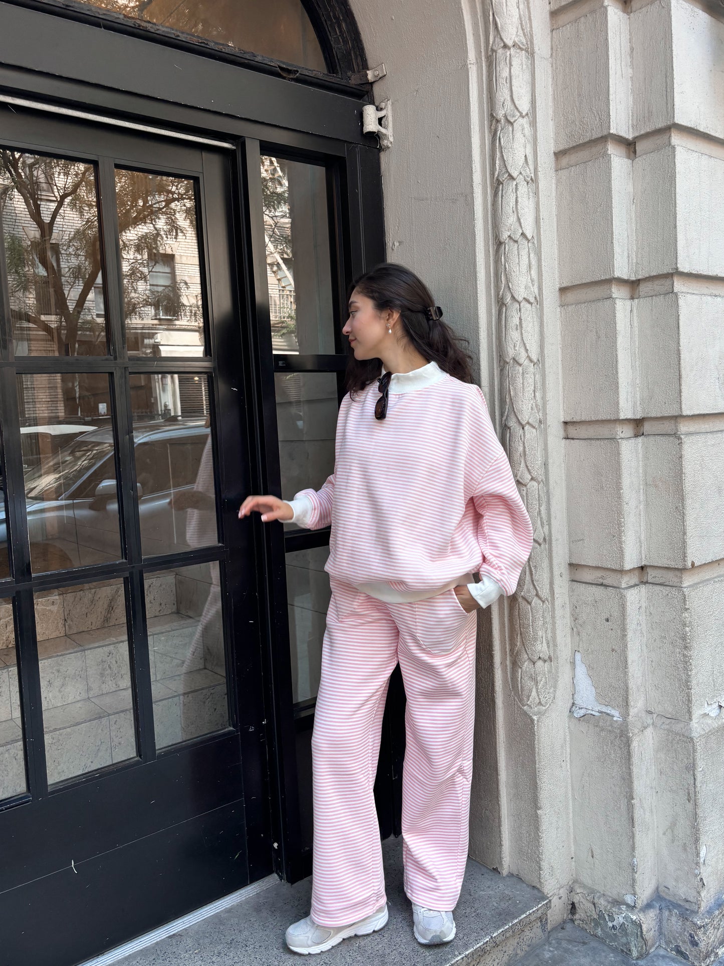 Light Pink and White Big Striped Mockneck Sweatshirt
