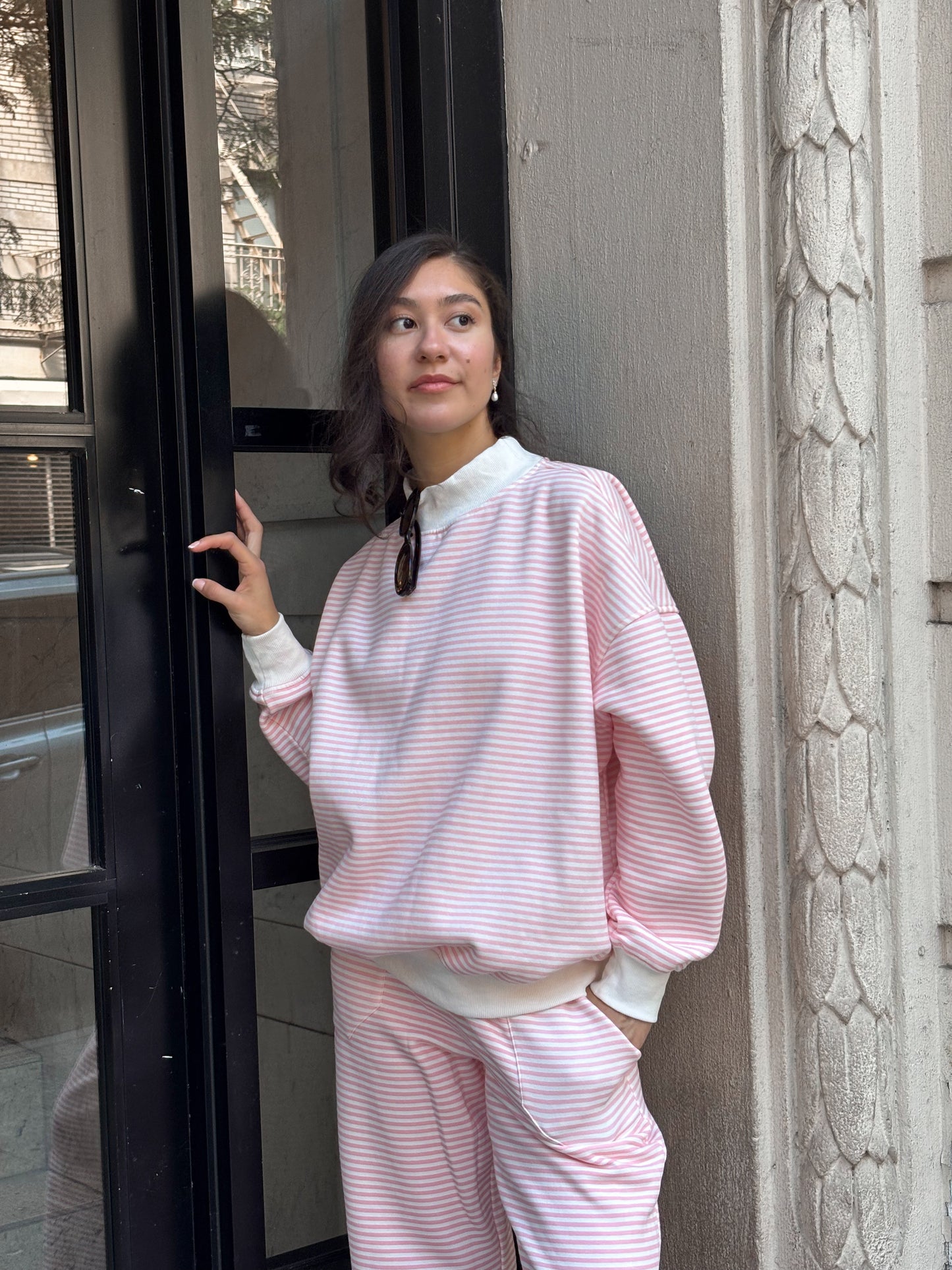 Light Pink and White Big Striped Mockneck Sweatshirt