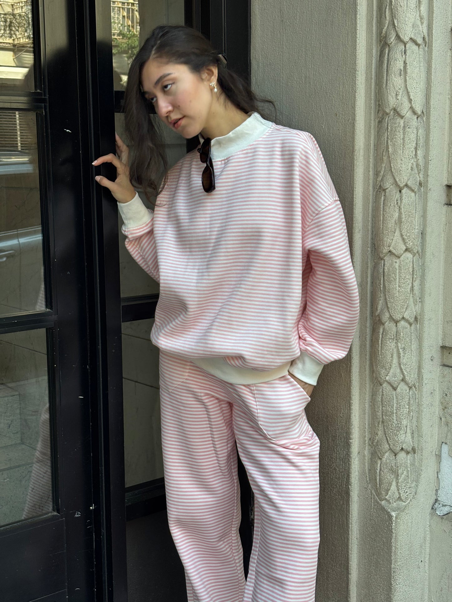 Light Pink and White Big Striped Mockneck Sweatshirt