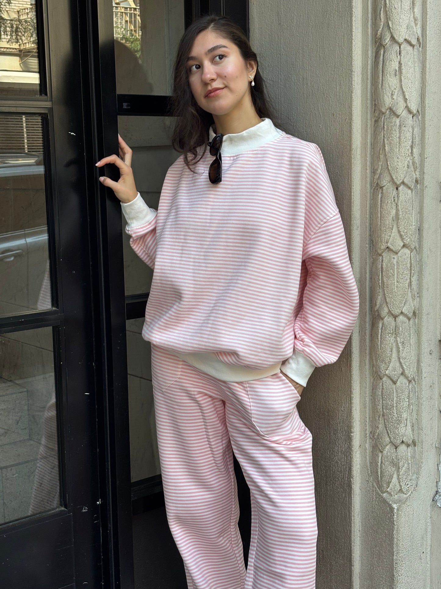Light Pink and White Big Striped Mockneck Sweatshirt