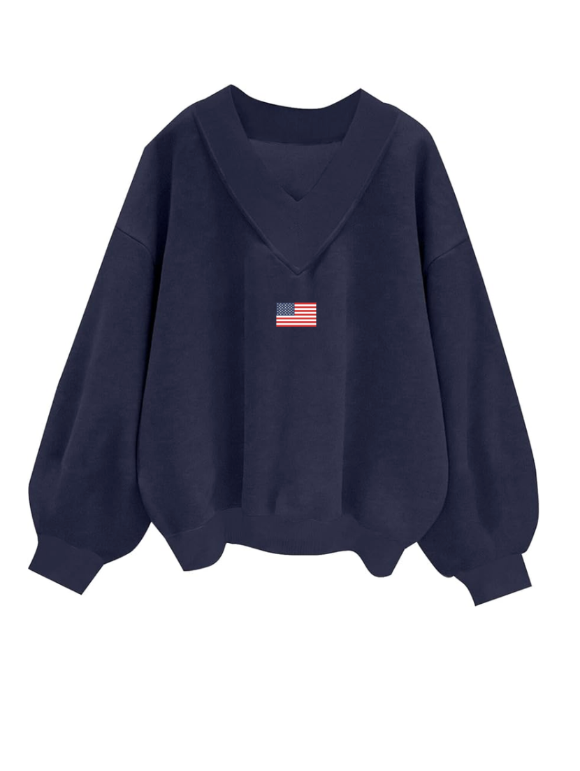 Navy Blue American Flag Embroider V-Neck Sweatshirt