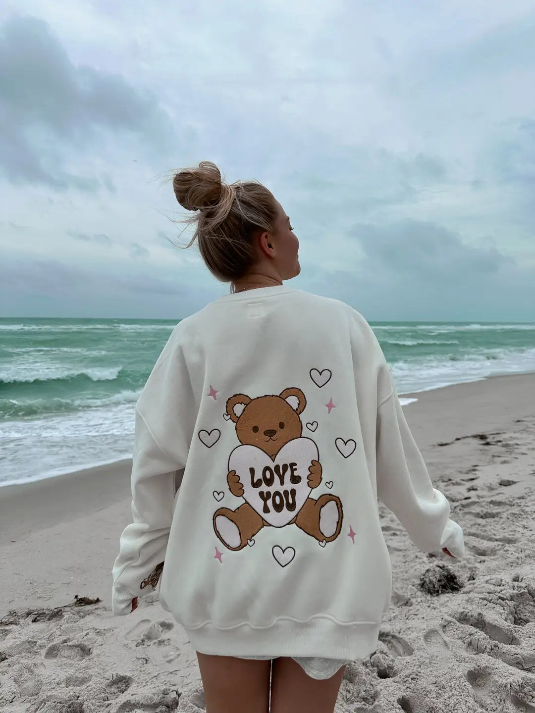 Ivory Teddy Bear Embroider Valentines Day Sweatshirt