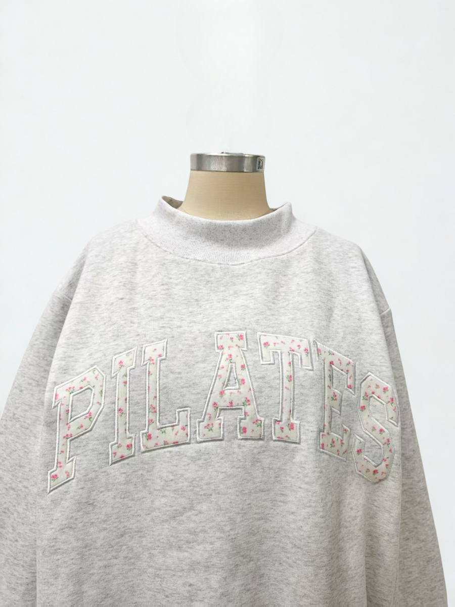 Pearl Grey Mockneck Pilates Embroider Sweatshirt