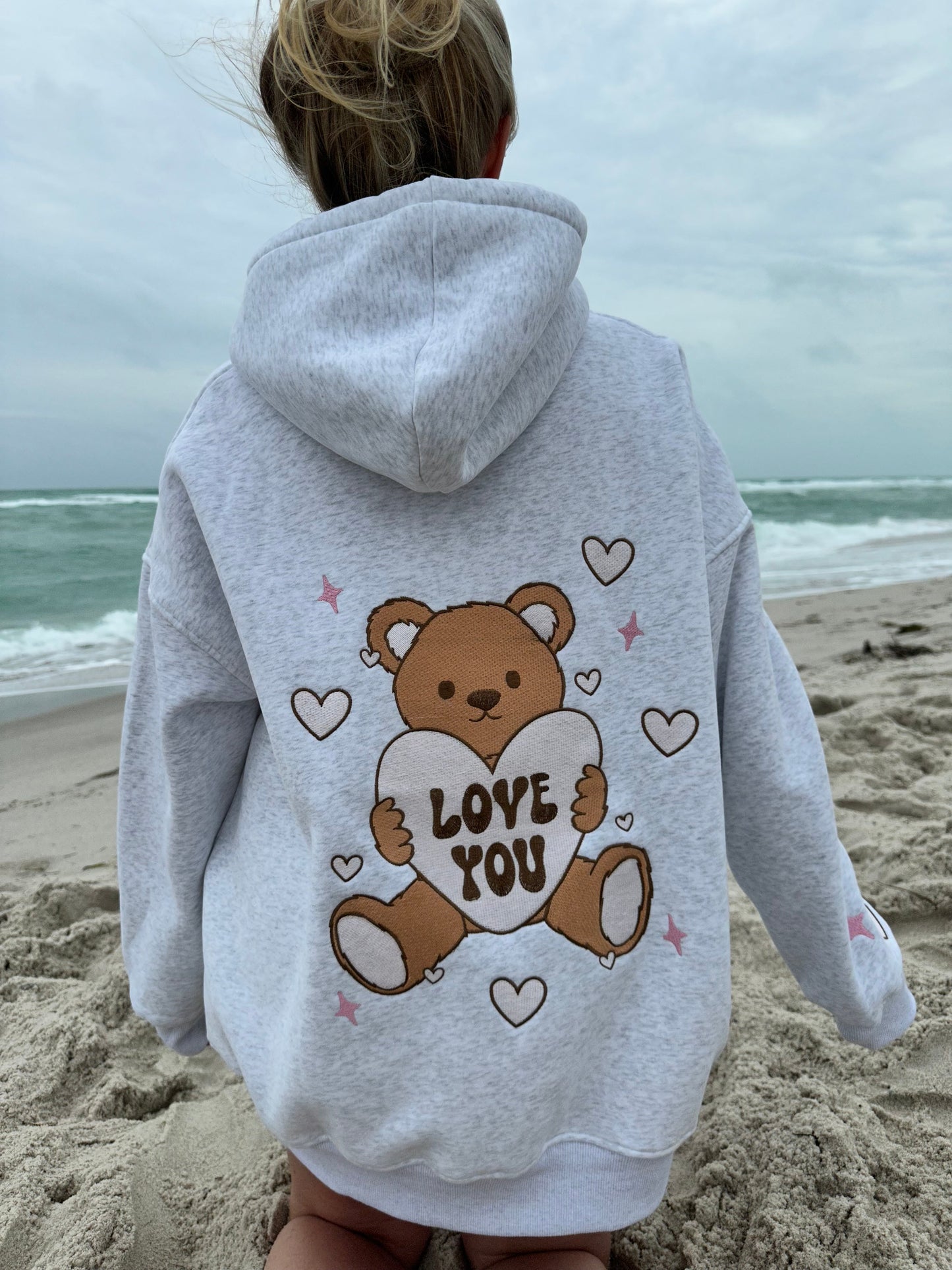 Pearl Grey Teddy Bear Embroider Valentines Day Hoodie