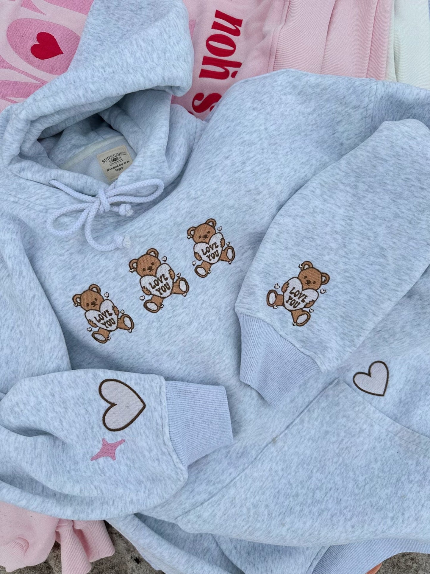 Pearl Grey Teddy Bear Embroider Valentines Day Hoodie
