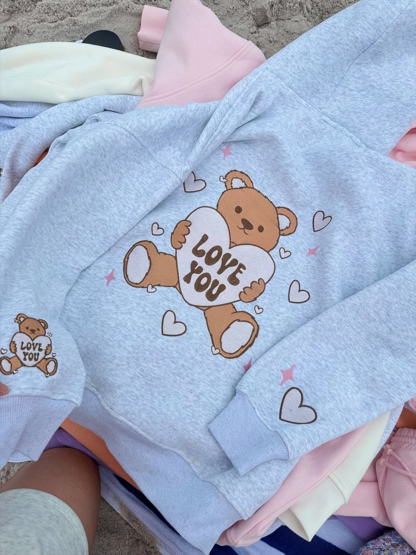 Pearl Grey Teddy Bear Embroider Valentines Day Hoodie