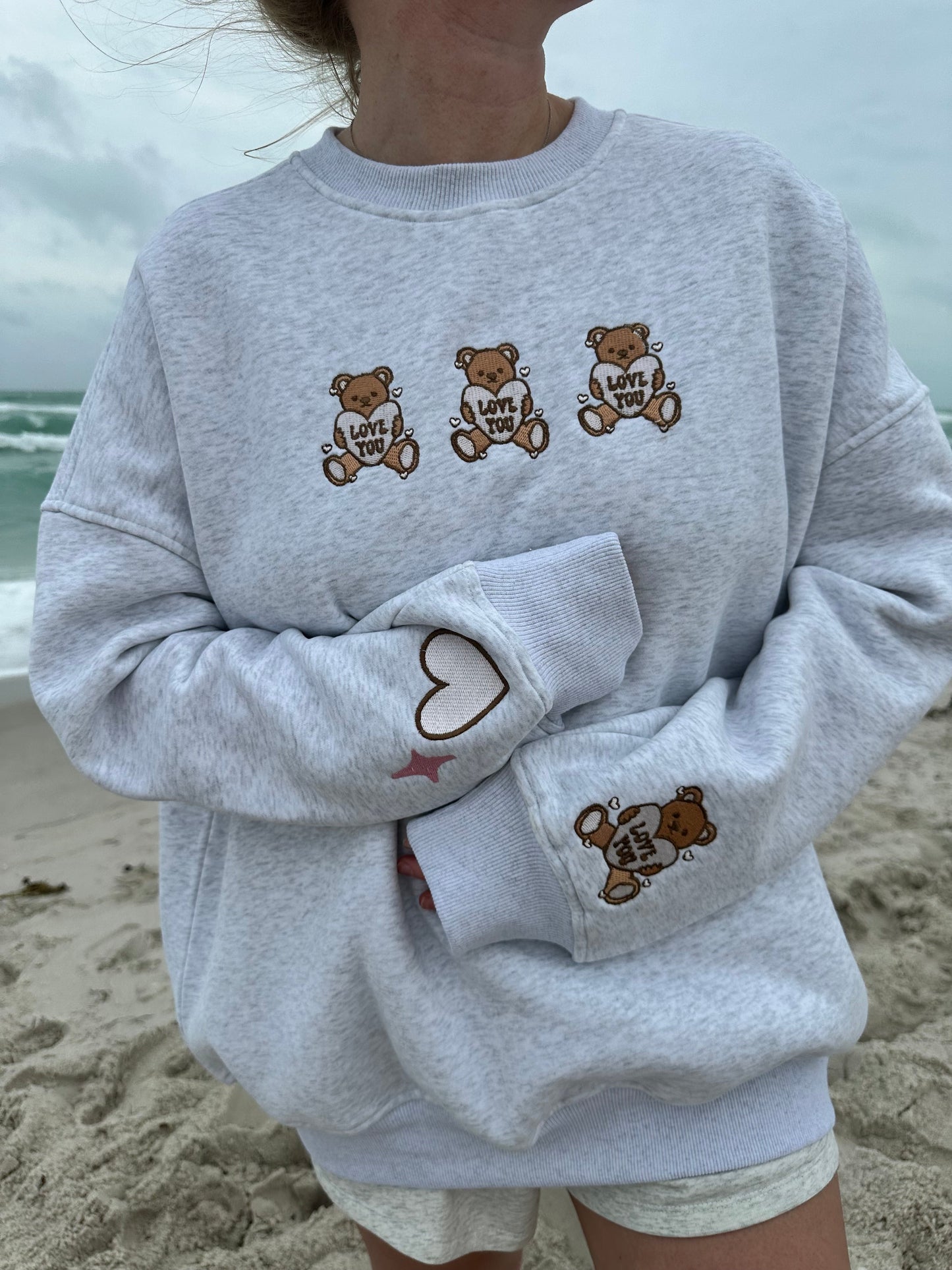 Pearl Grey Teddy Bear Embroider Valentines Day Sweatshirt