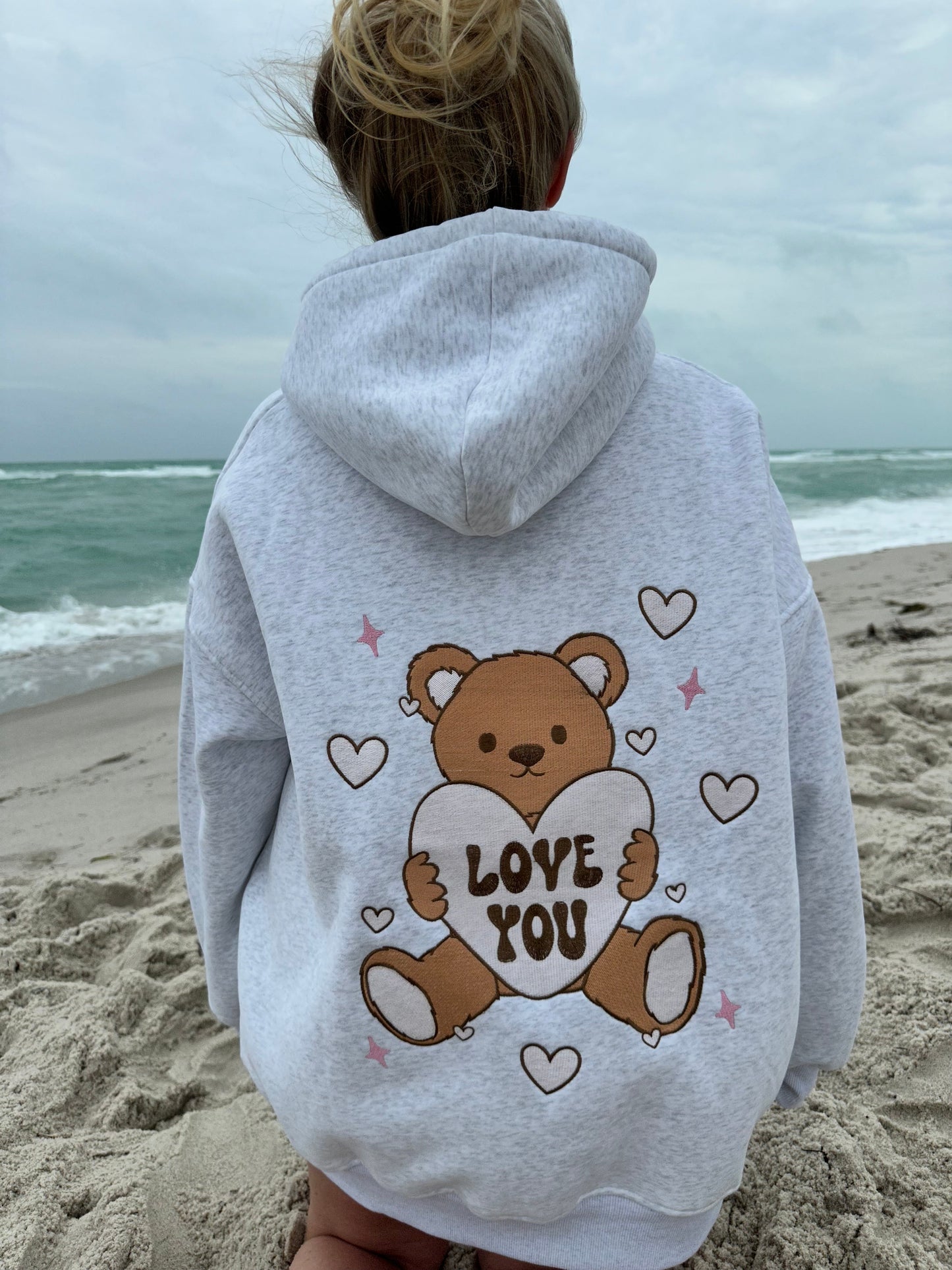 Pearl Grey Teddy Bear Embroider Valentines Day Hoodie