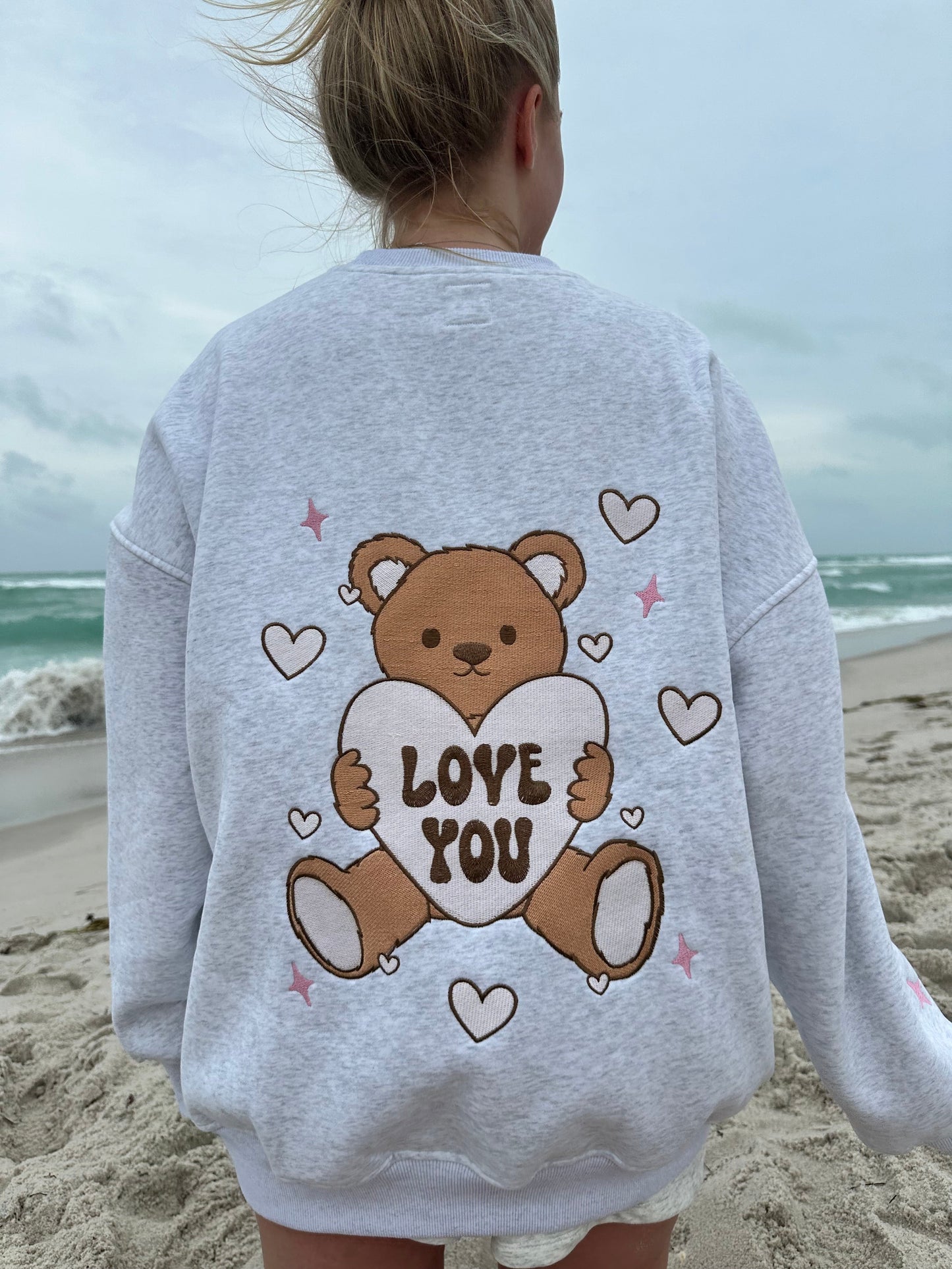 Pearl Grey Teddy Bear Embroider Valentines Day Sweatshirt
