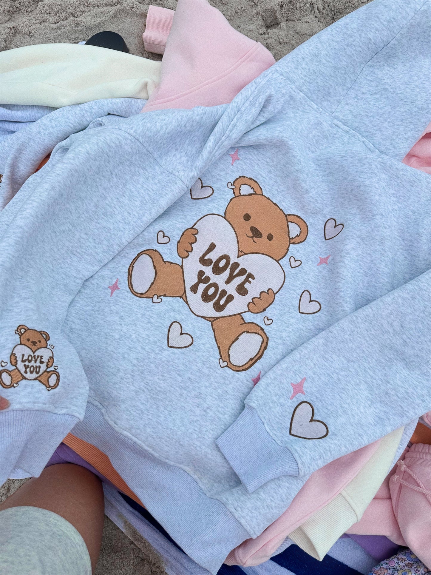 Pearl Grey Teddy Bear Embroider Valentines Day Hoodie