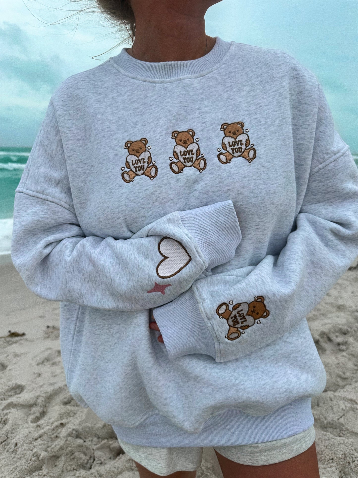Pearl Grey Teddy Bear Embroider Valentines Day Sweatshirt