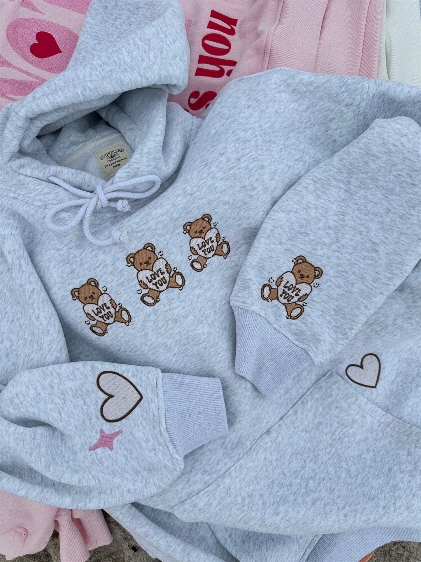 Pearl Grey Teddy Bear Embroider Valentines Day Hoodie