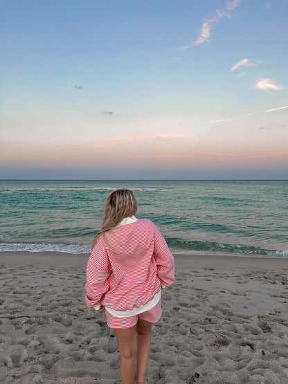 Dark Pink and White Big Striped Mockneck Sweatshirt
