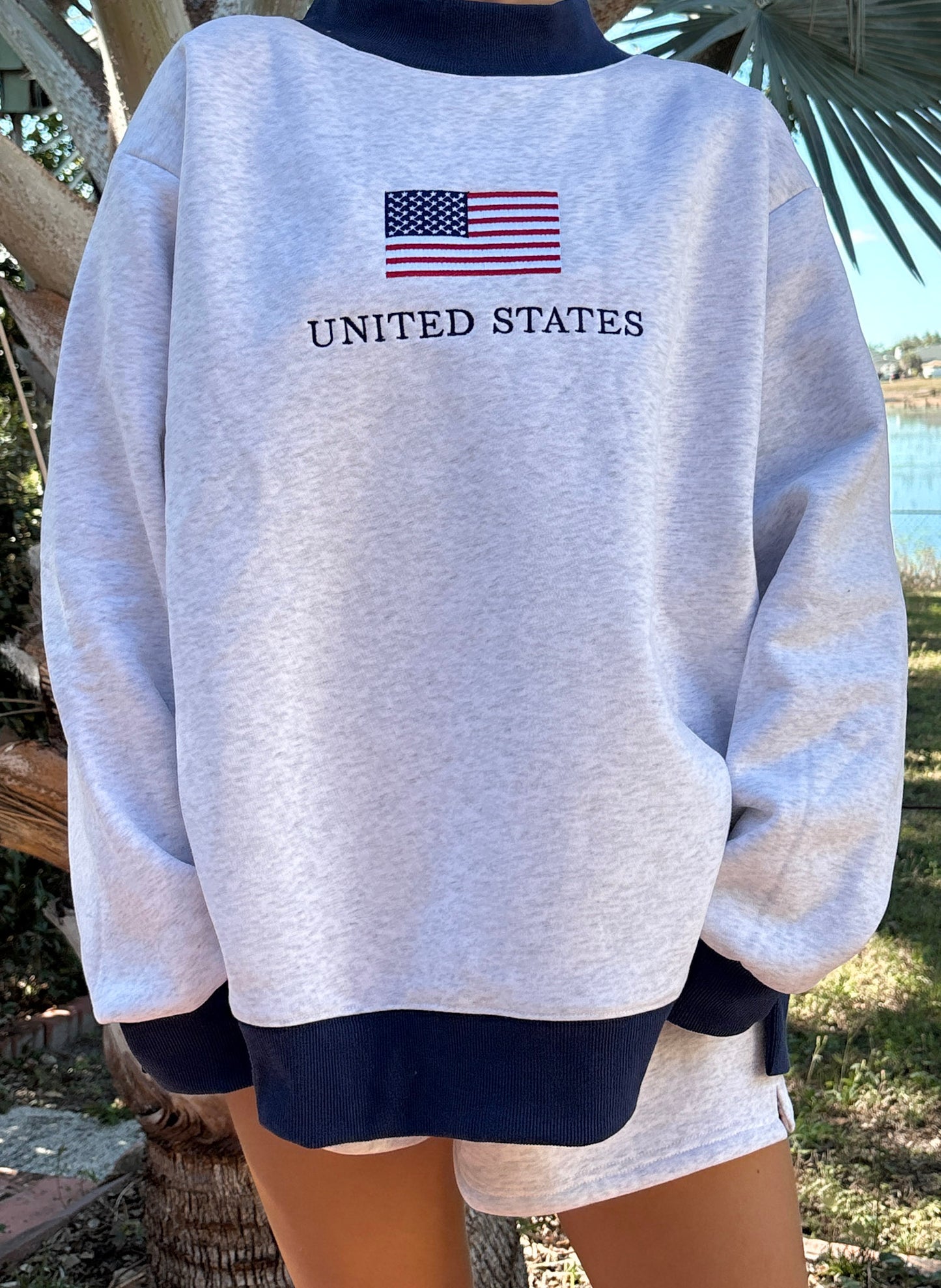 Pearl Grey United States Flag Embroider Mockneck Sweatshirt
