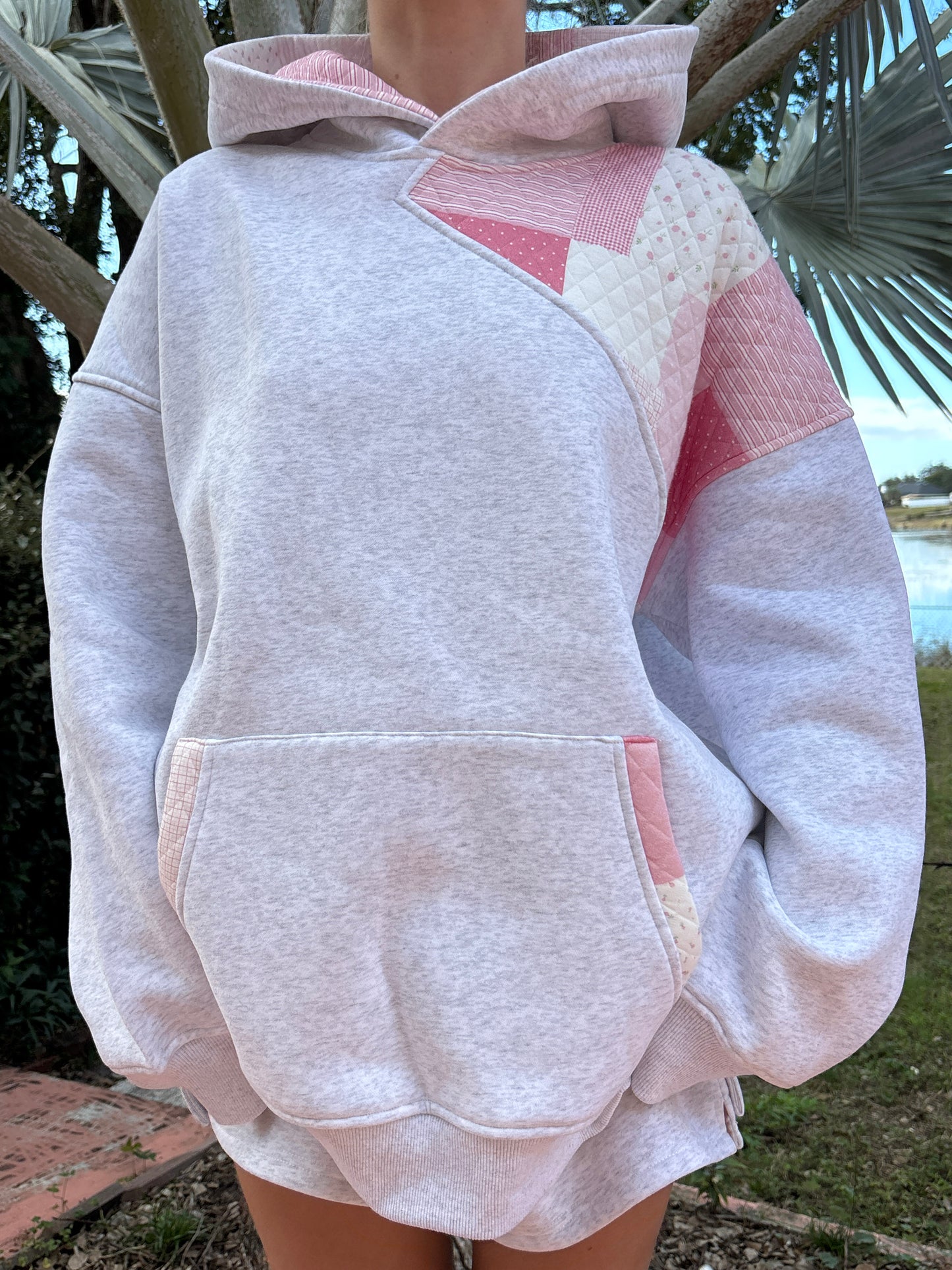 Pearl Grey Margo Quilted Patchwork Hoodie