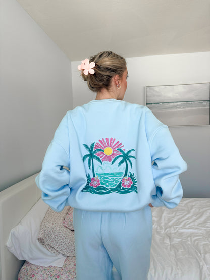 Icy Blue Hibiscus Flower Beach Babe Embroider Sweatshirt