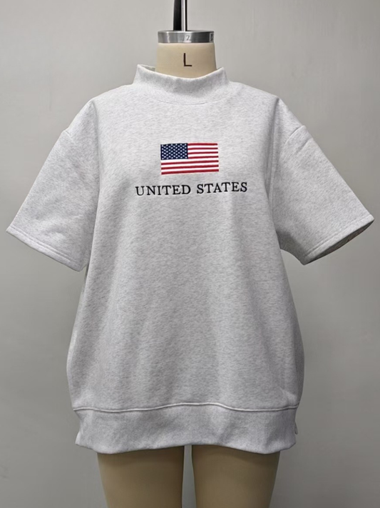 United States Flag Embroider Mockneck Short Sleeve Sweatshirt