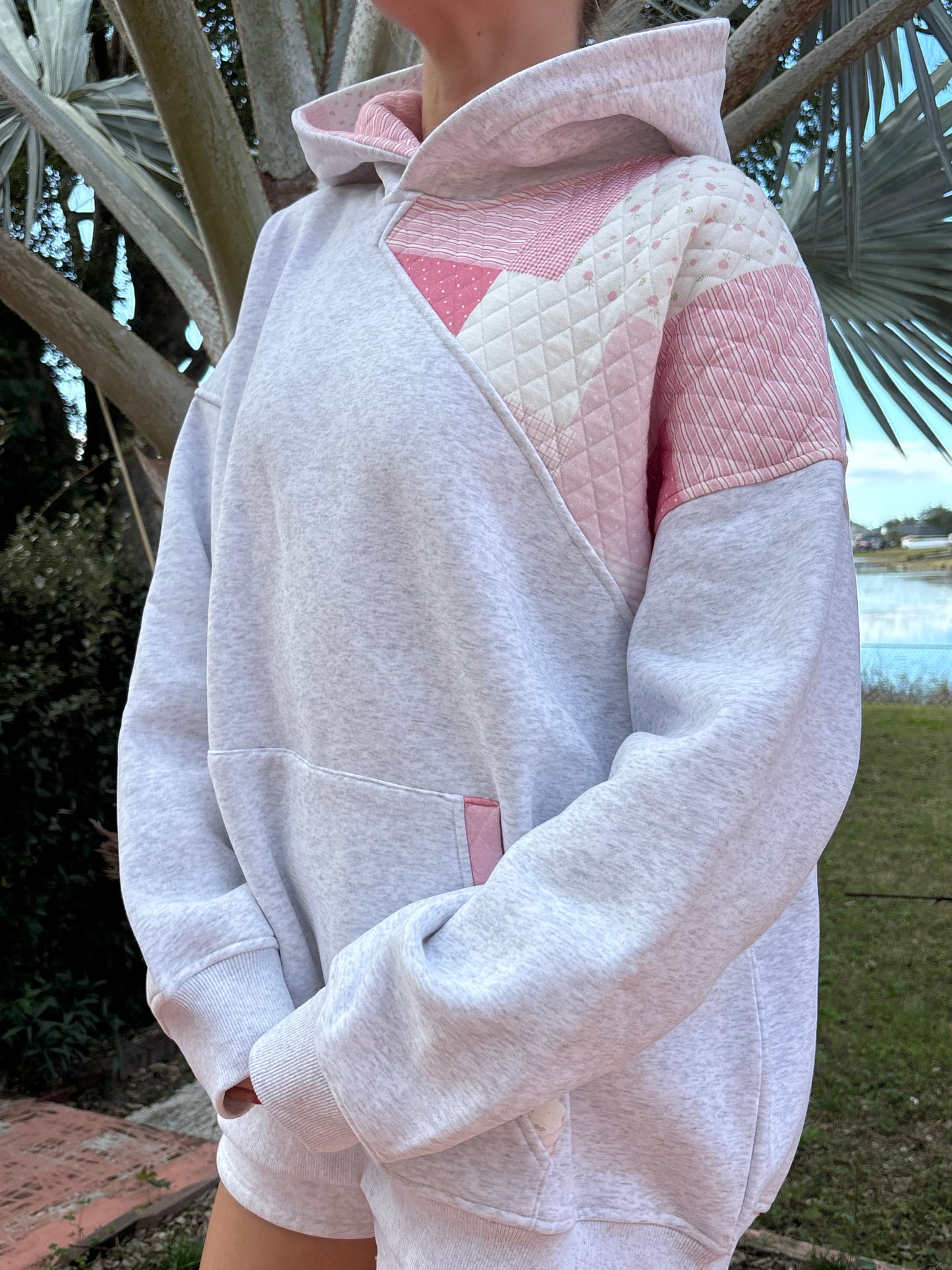 Pearl Grey Margo Quilted Patchwork Hoodie