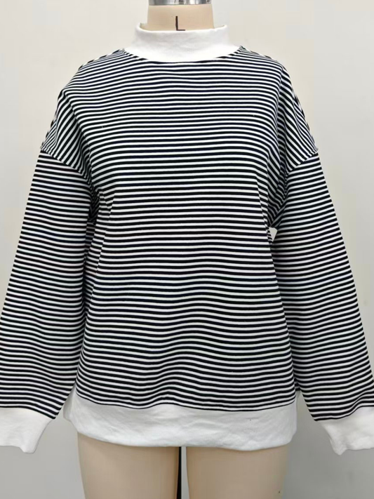 Dark Navy Blue and White Big Striped Mockneck Sweatshirt