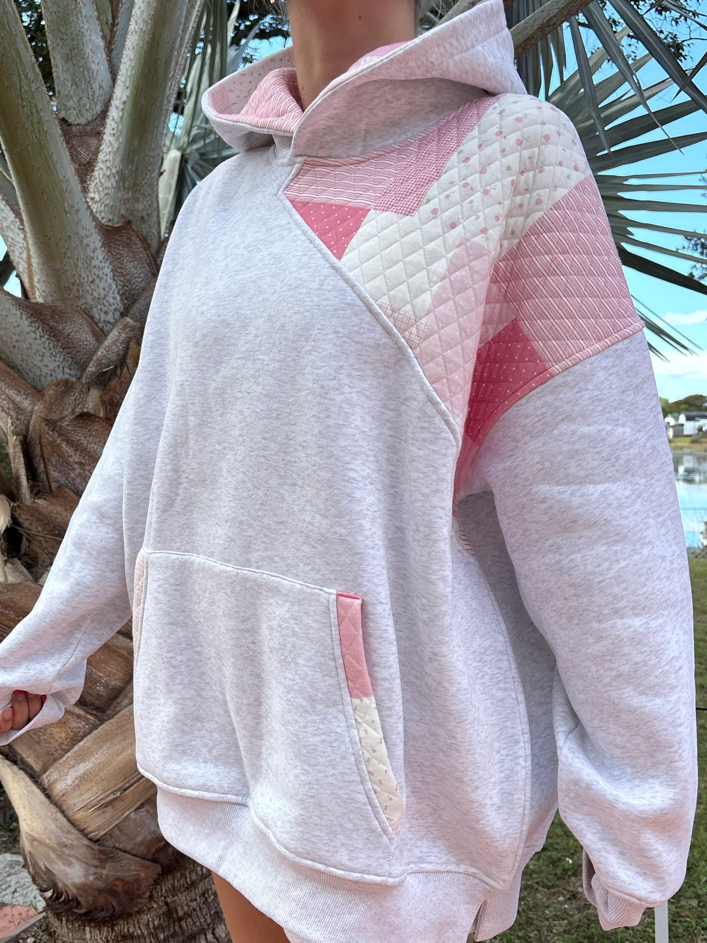 Pearl Grey Margo Quilted Patchwork Hoodie