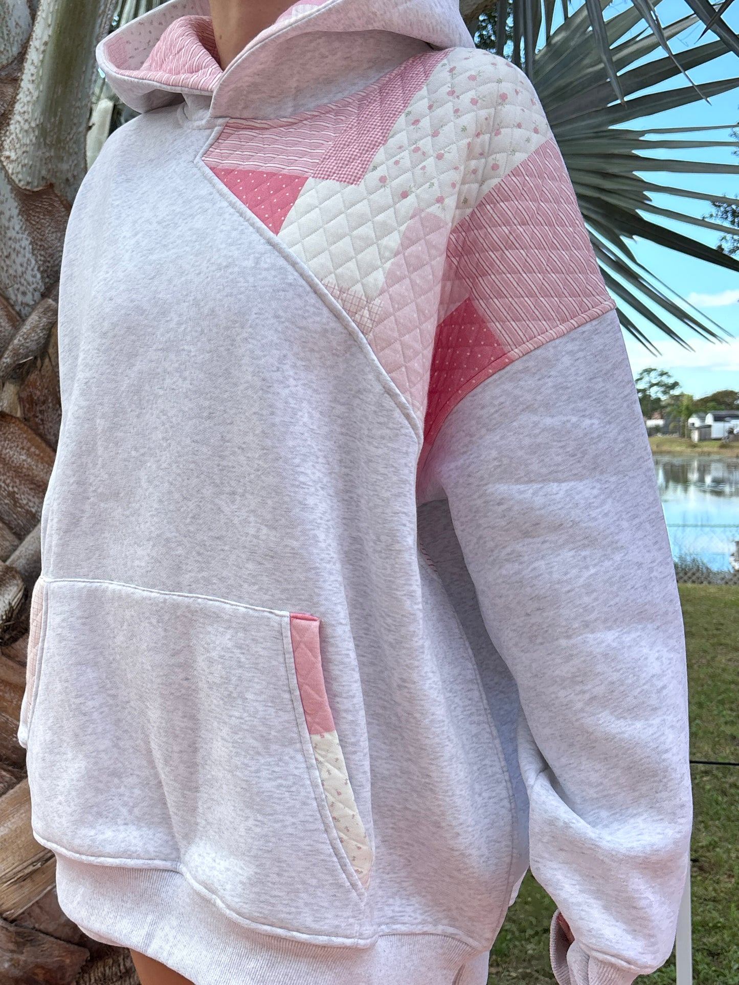 Pearl Grey Margo Quilted Patchwork Hoodie
