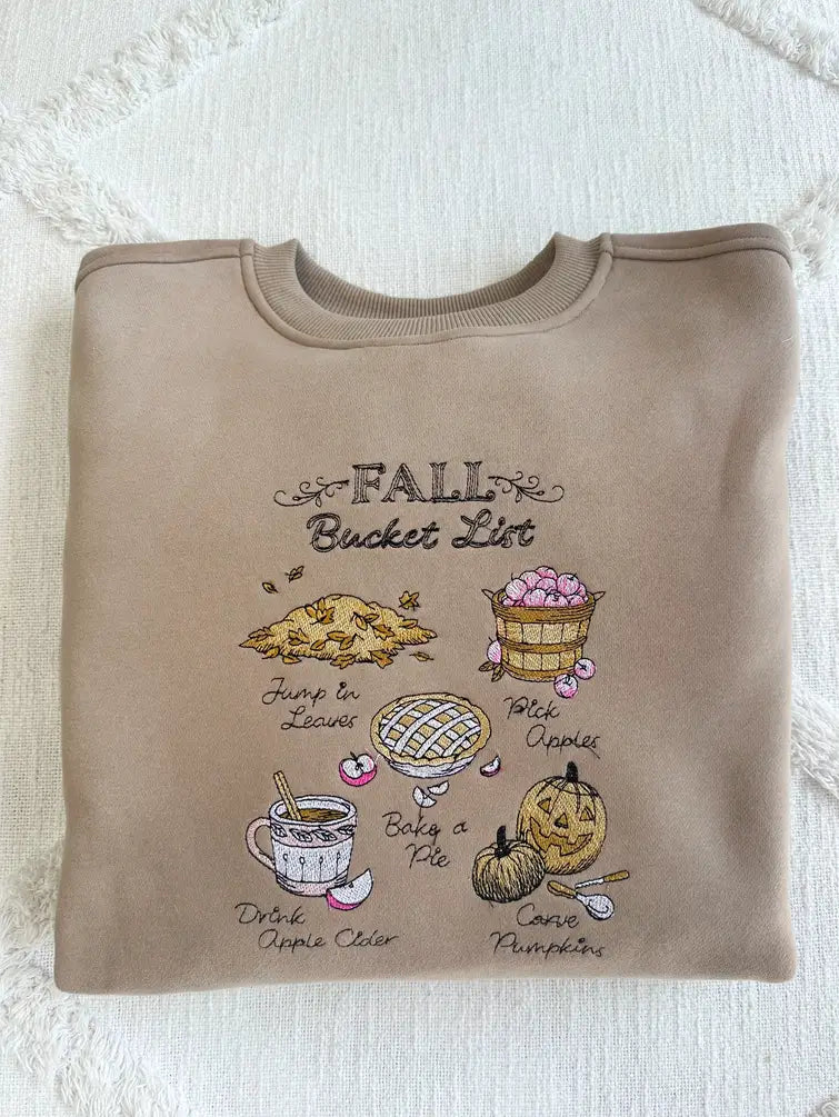 Cappuccino Autumn Fall Bucket List Embroidered Sweatshirt