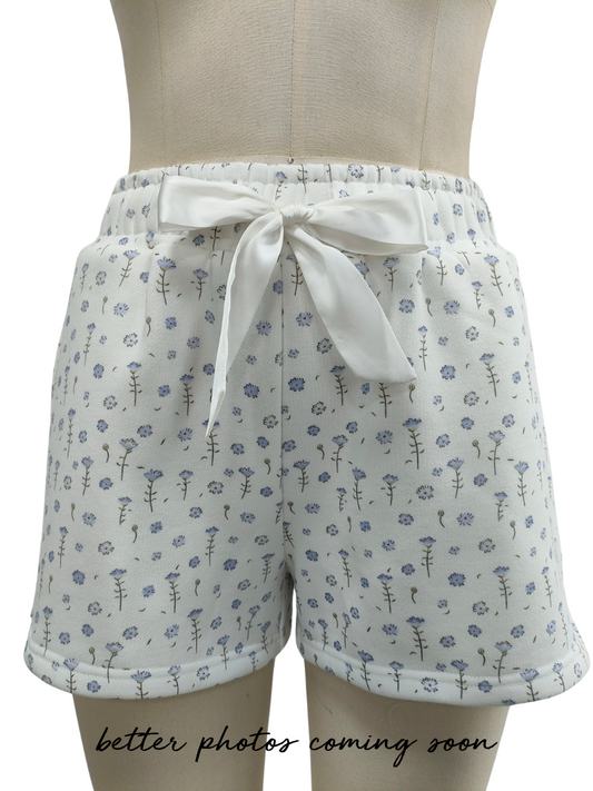 White Ditsy Blue Floral Sweat Shorts