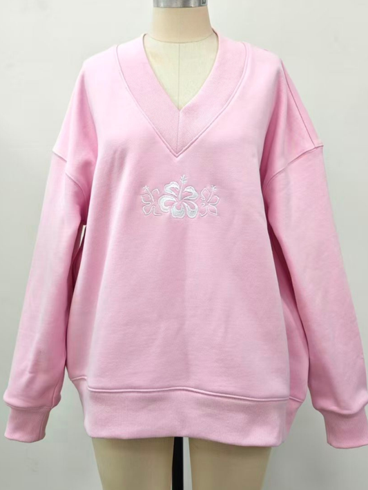 Light Pink V-Neck Embroider Hibiscus Flower Sweatshirt
