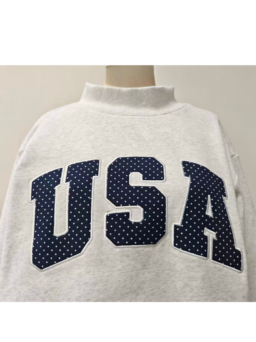 Pearl Grey Navy Blue Polka Dot USA Mockneck Sweatshirt