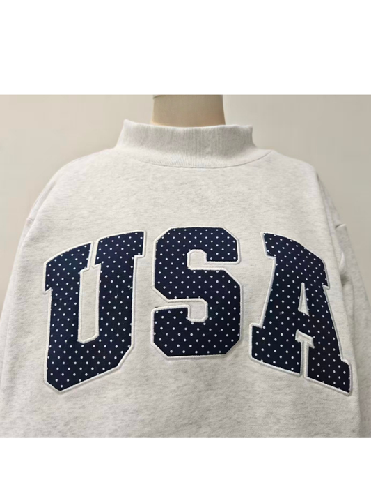 Pearl Grey Navy Blue Polka Dot USA Mockneck Sweatshirt