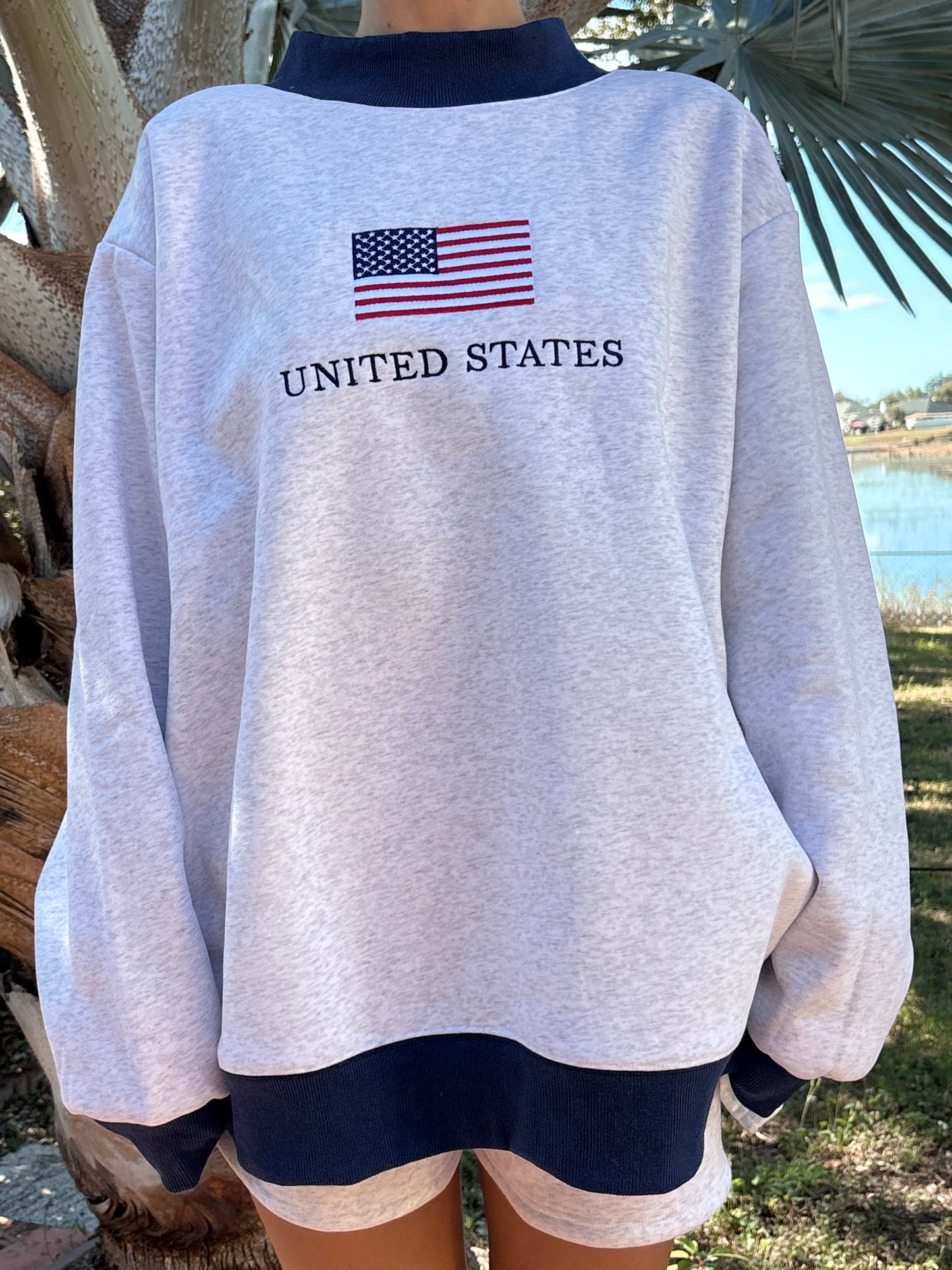 Pearl Grey United States Flag Embroider Mockneck Sweatshirt