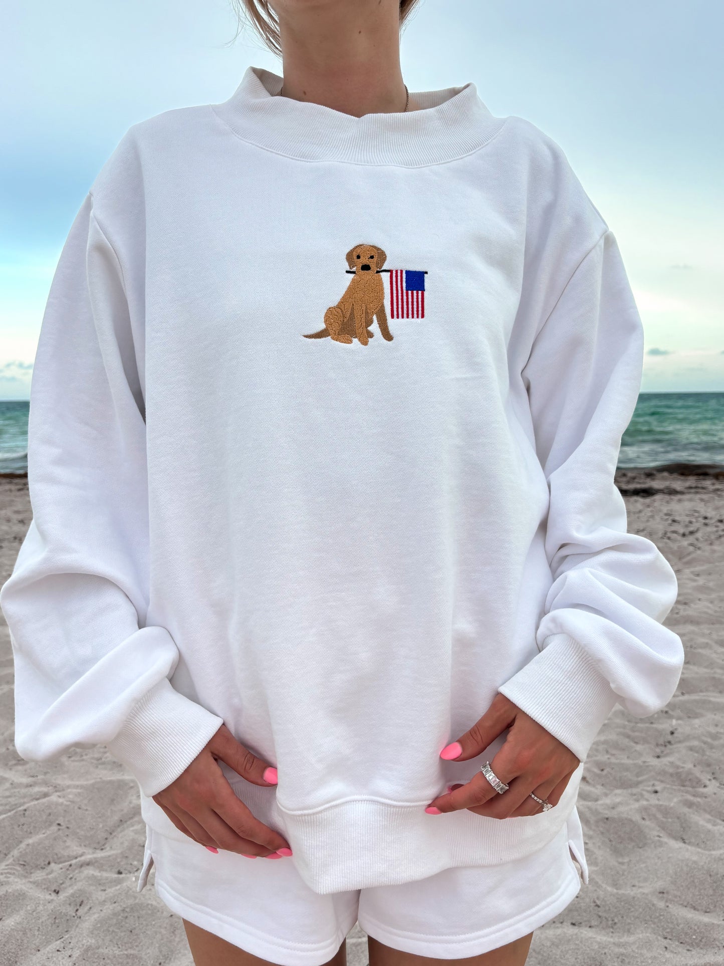 White American Flag Dog Mockneck Sweatshirt 100% Cotton