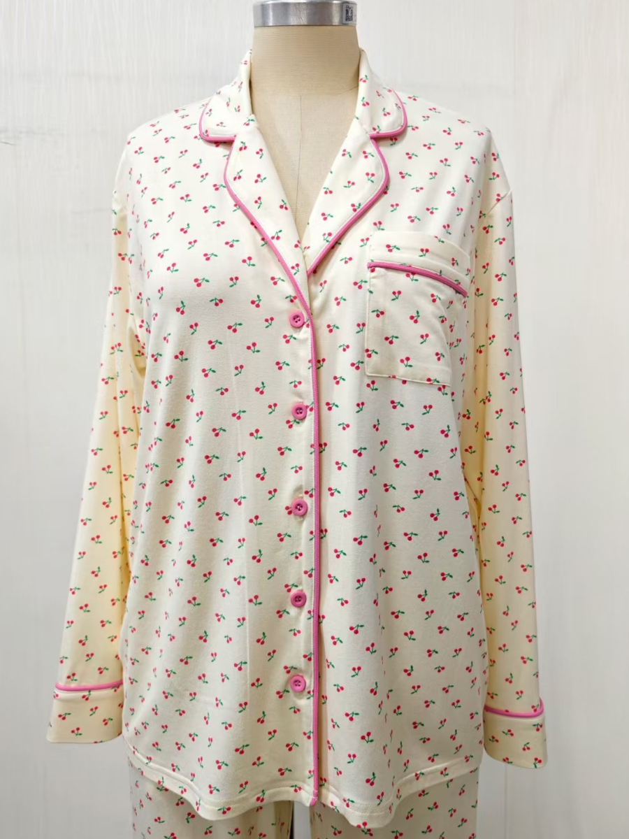 Cherries All Over Long Sleeve Button Up Pajama Top