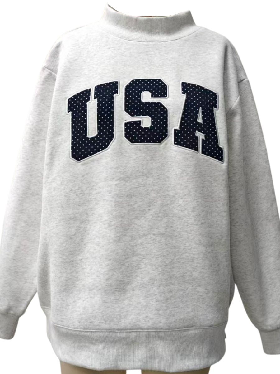 Pearl Grey Navy Blue Polka Dot USA Mockneck Sweatshirt