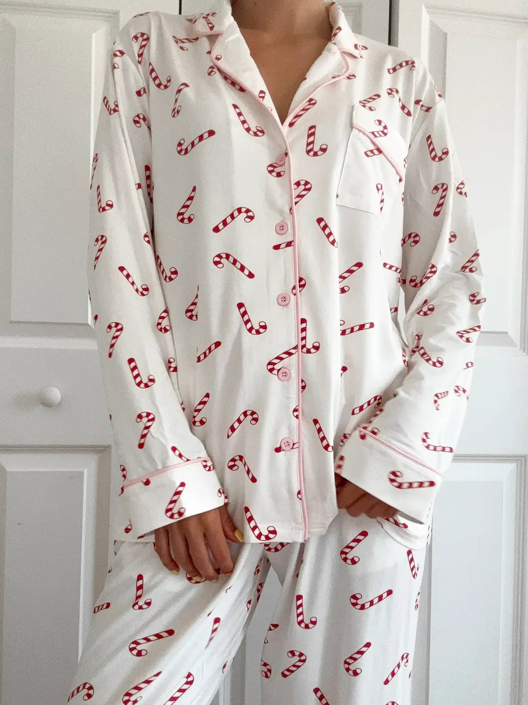 Candy Cane Holiday Christmas Long Sleeve Button Up Pajama Top