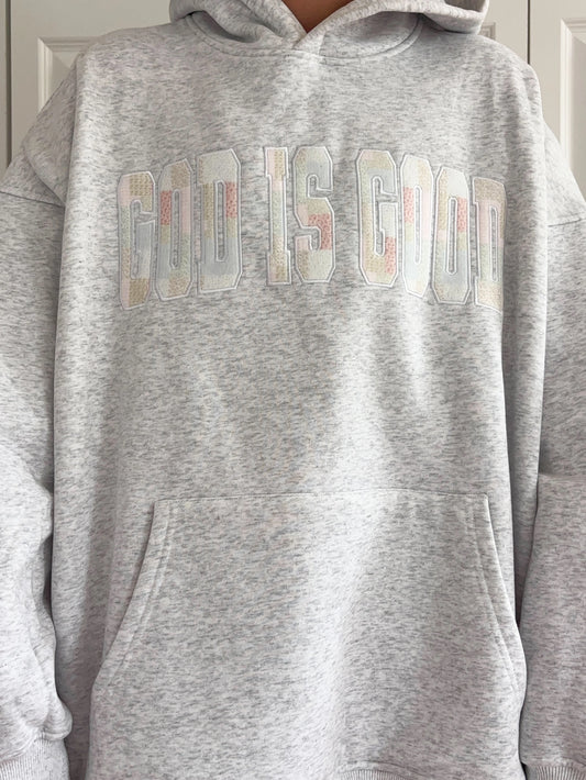 God Is Good Quilted Pastel Embroidered Hoodie