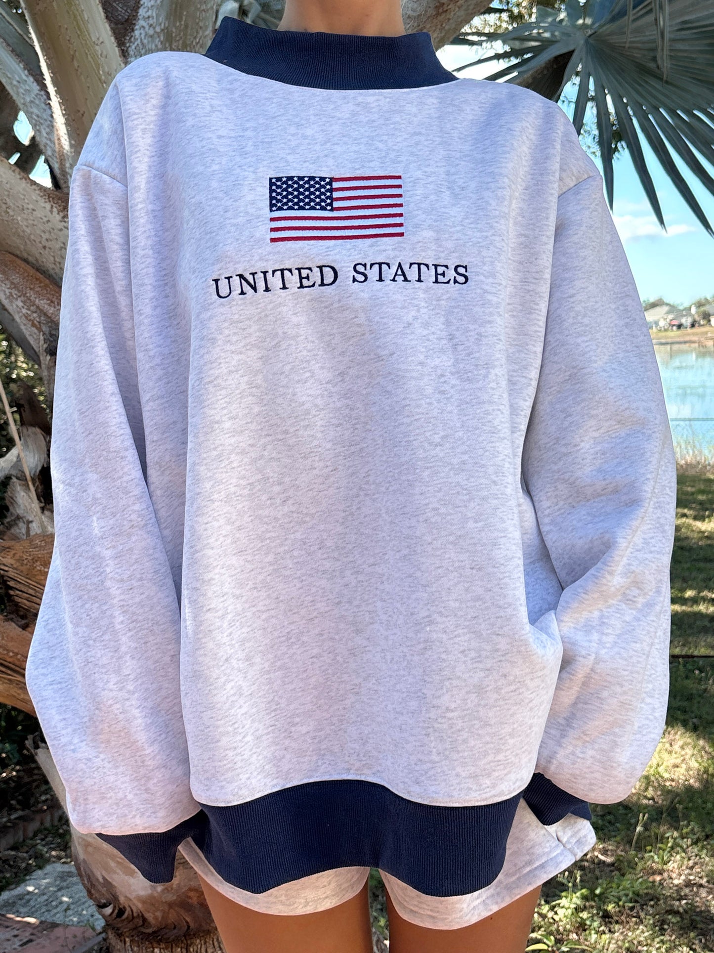 Pearl Grey United States Flag Embroider Mockneck Sweatshirt